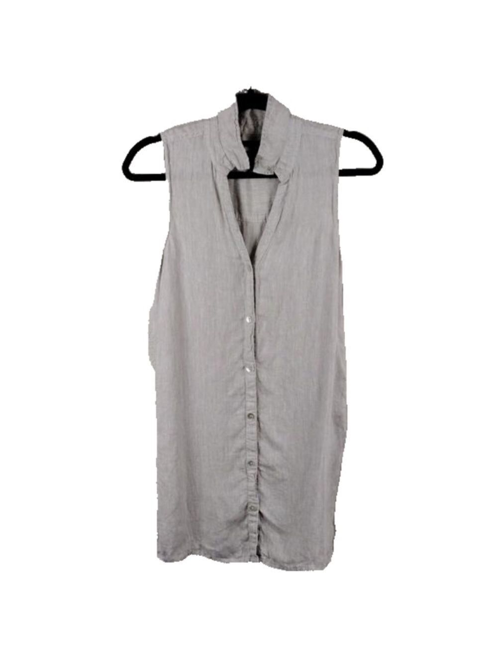 Tahari 100% Hemp Natural V-Neck Pointed Collar Sleeveless Button Down Tunic Top